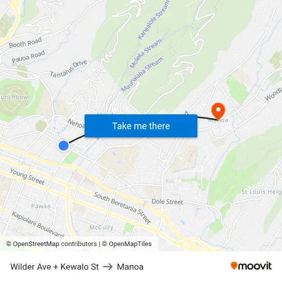 Wilder Ave + Kewalo St to Manoa map