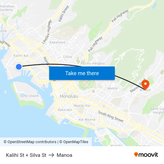 Kalihi St + Silva St to Manoa map