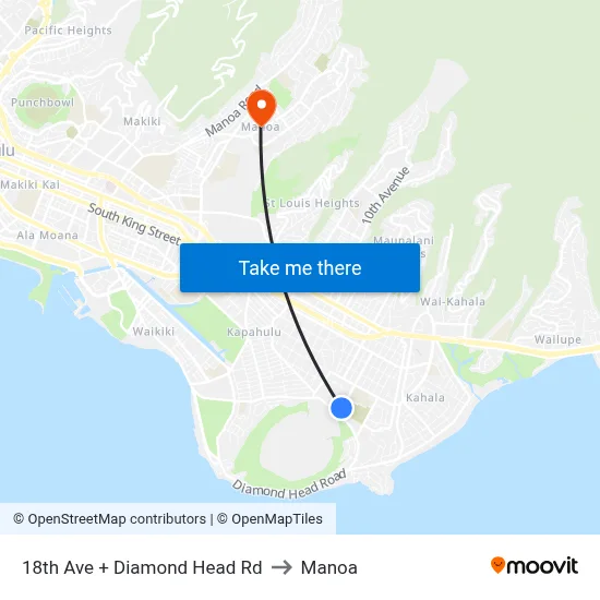 18th Ave + Diamond Head Rd to Manoa map