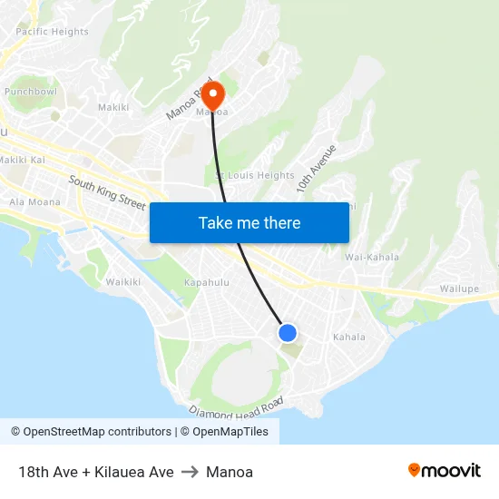 18th Ave + Kilauea Ave to Manoa map