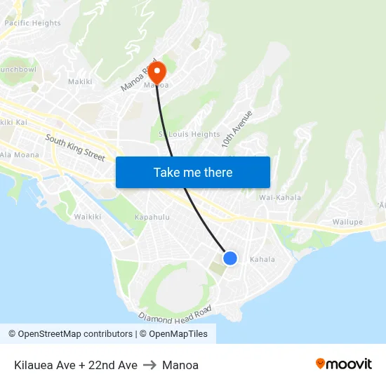 Kilauea Ave + 22nd Ave to Manoa map