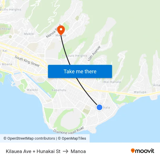 Kilauea Ave + Hunakai St to Manoa map