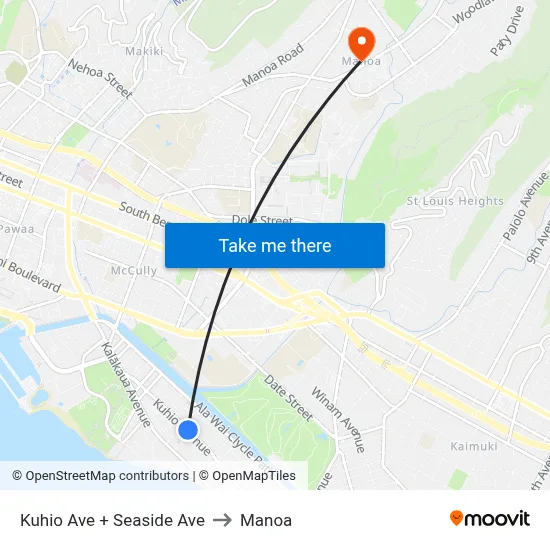 Kuhio Ave + Seaside Ave to Manoa map