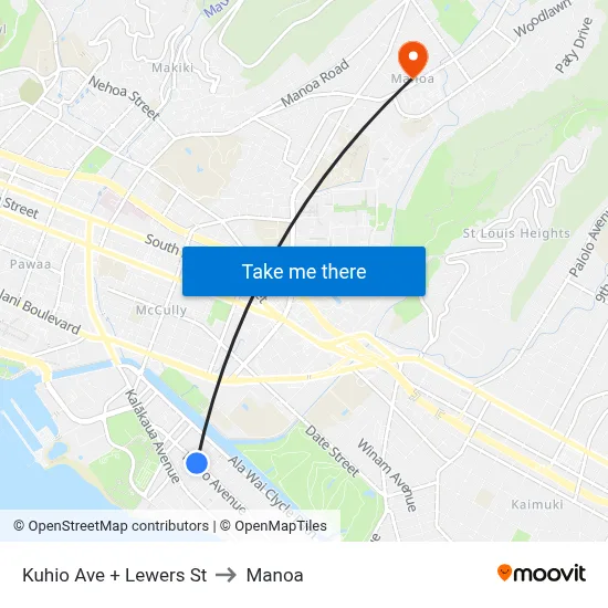 Kuhio Ave + Lewers St to Manoa map