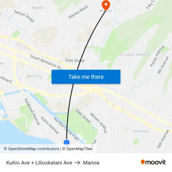 Kuhio Ave + Liliuokalani Ave to Manoa map