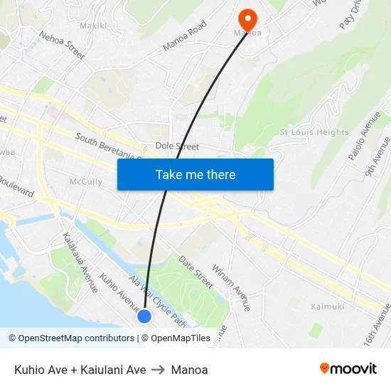 Kuhio Ave + Kaiulani Ave to Manoa map
