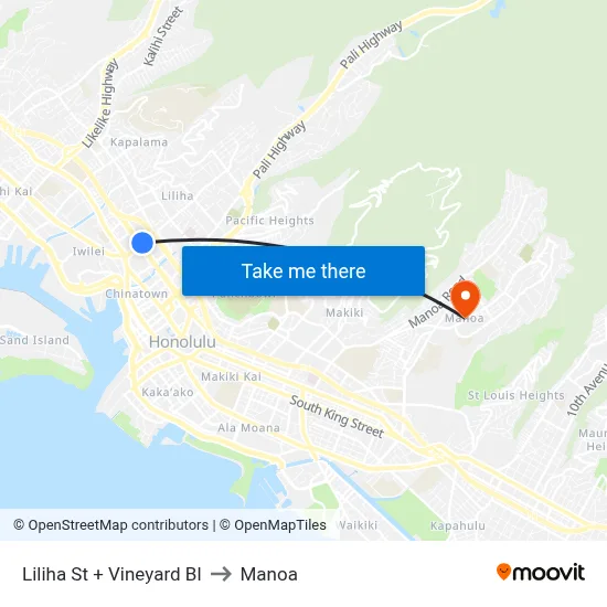 Liliha St + Vineyard Bl to Manoa map