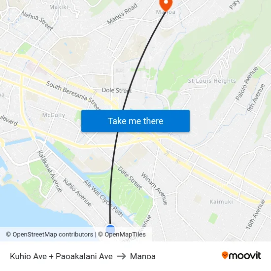 Kuhio Ave + Paoakalani Ave to Manoa map