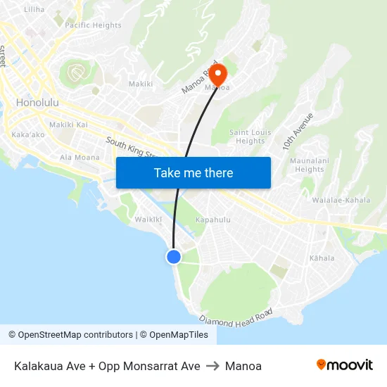 Kalakaua Ave + Opp Monsarrat Ave to Manoa map