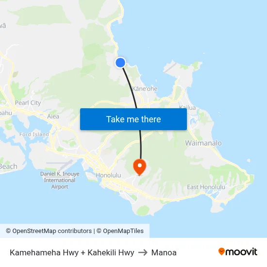 Kamehameha Hwy + Kahekili Hwy to Manoa map