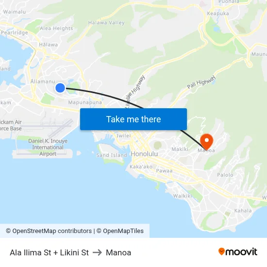 Ala Ilima St + Likini St to Manoa map