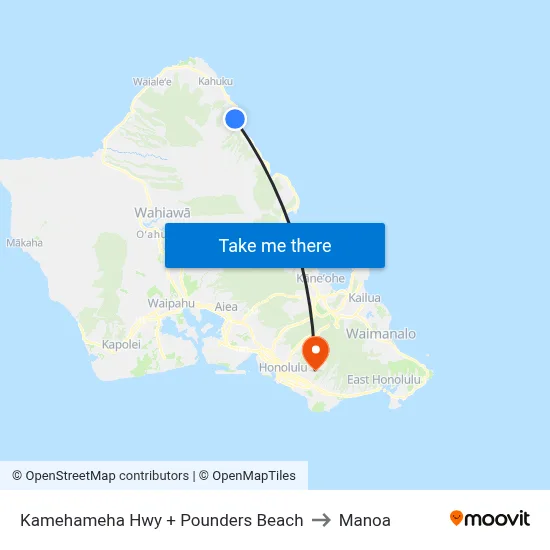 Kamehameha Hwy + Pounders Beach to Manoa map