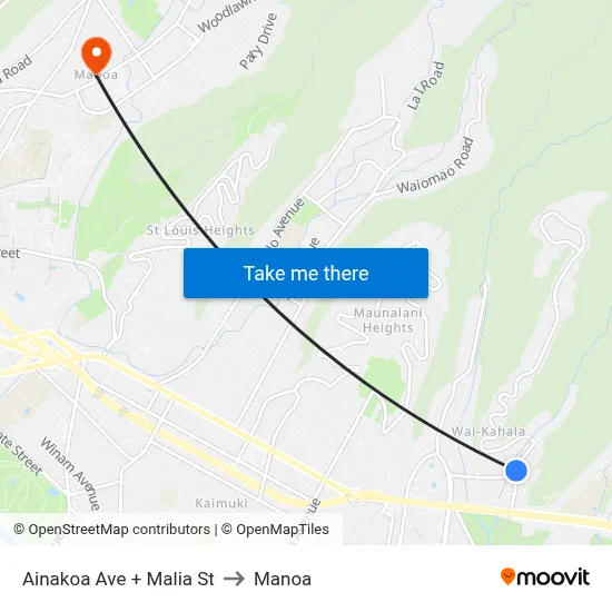 Ainakoa Ave + Malia St to Manoa map