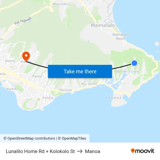 Lunalilo Home Rd + Kolokolo St to Manoa map