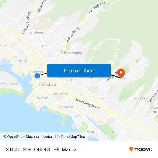 S Hotel St + Bethel St to Manoa map