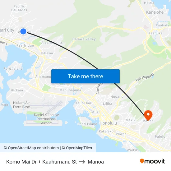 Komo Mai Dr + Kaahumanu St to Manoa map