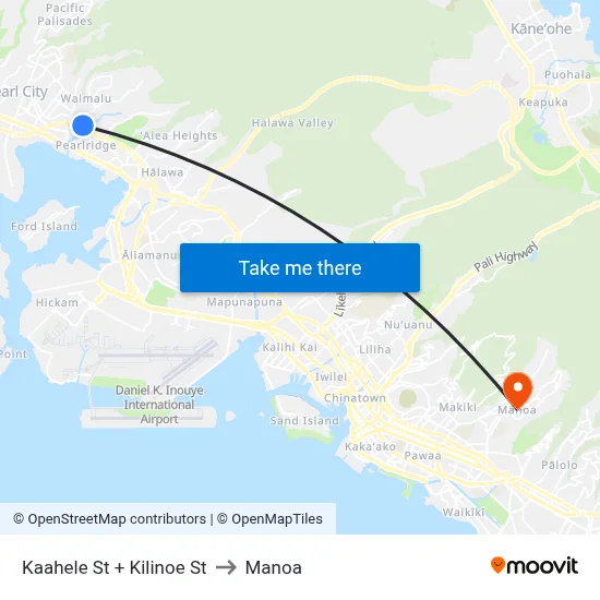 Kaahele St + Kilinoe St to Manoa map