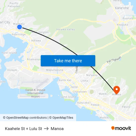 Kaahele St + Lulu St to Manoa map