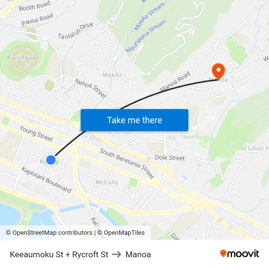 Keeaumoku St + Rycroft St to Manoa map