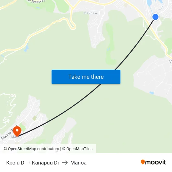 Keolu Dr + Kanapuu Dr to Manoa map