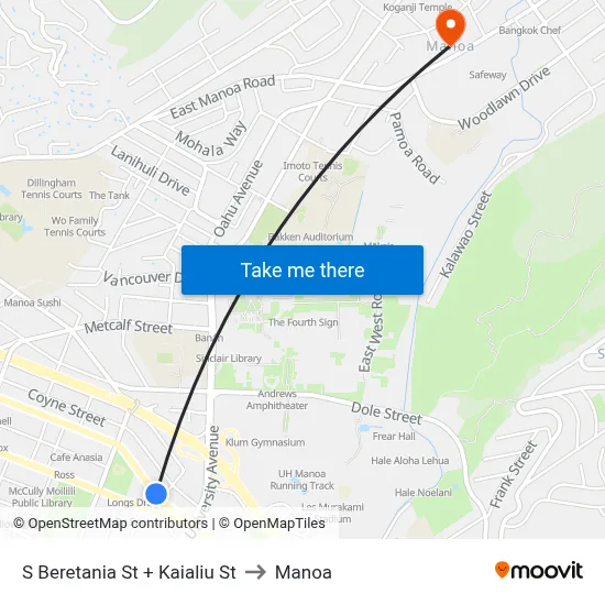 S Beretania St + Kaialiu St to Manoa map