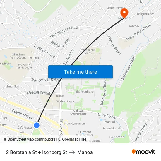 S Beretania St + Isenberg St to Manoa map