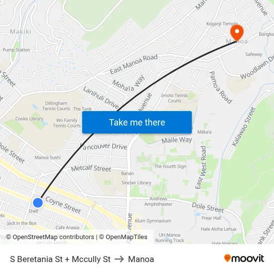 S Beretania St + Mccully St to Manoa map