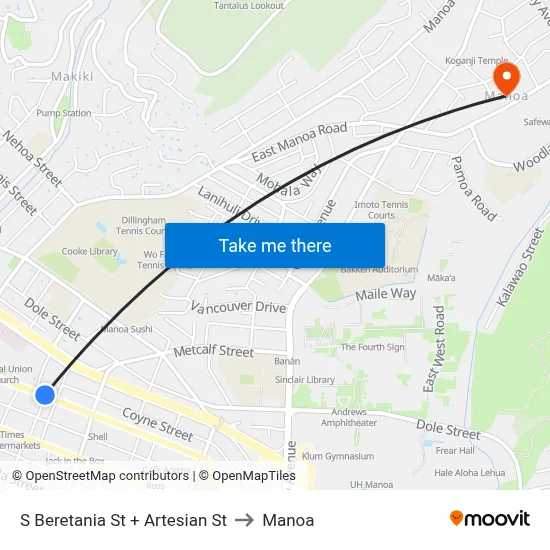 S Beretania St + Artesian St to Manoa map