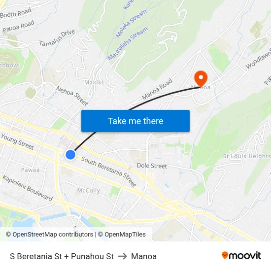 S Beretania St + Punahou St to Manoa map