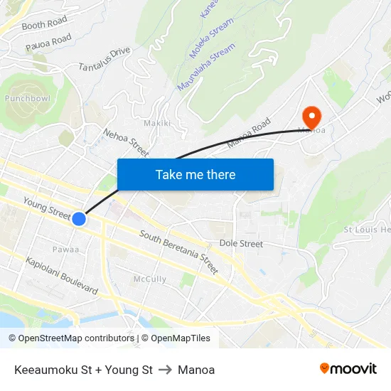 Keeaumoku St + Young St to Manoa map