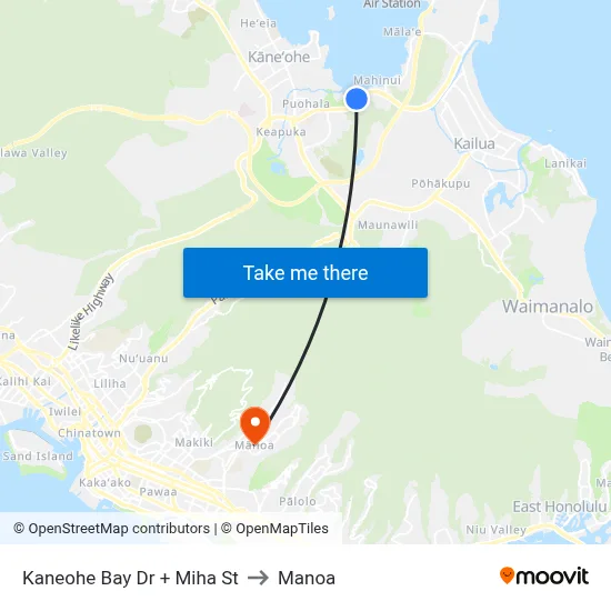 Kaneohe Bay Dr + Miha St to Manoa map
