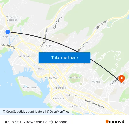 Ahua St + Kikowaena St to Manoa map