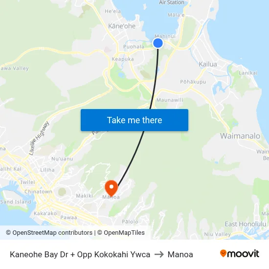 Kaneohe Bay Dr + Opp Kokokahi Ywca to Manoa map