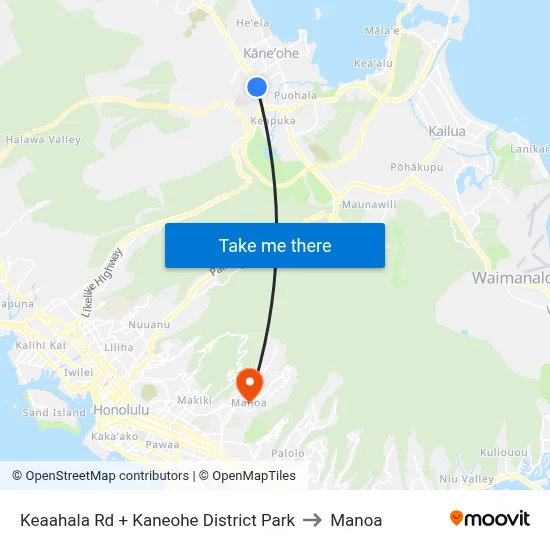 Keaahala Rd + Kaneohe District Park to Manoa map