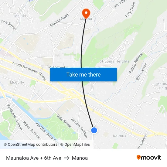 Maunaloa Ave + 6th Ave to Manoa map