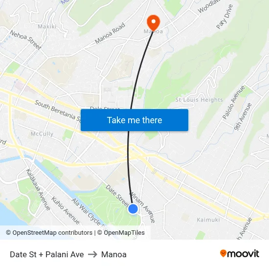 Date St + Palani Ave to Manoa map