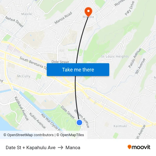 Date St + Kapahulu Ave to Manoa map
