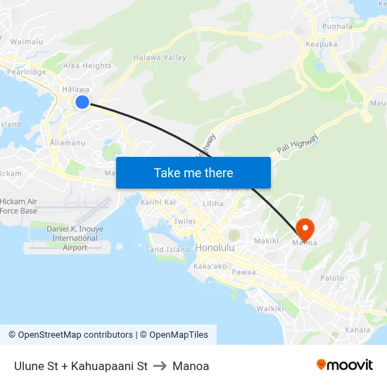 Ulune St + Kahuapaani St to Manoa map