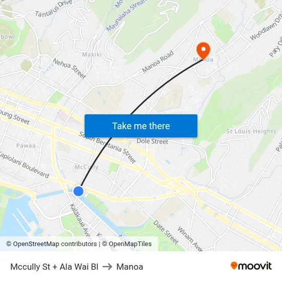 Mccully St + Ala Wai Bl to Manoa map