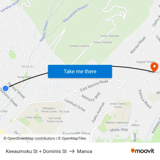 Keeaumoku St + Dominis St to Manoa map