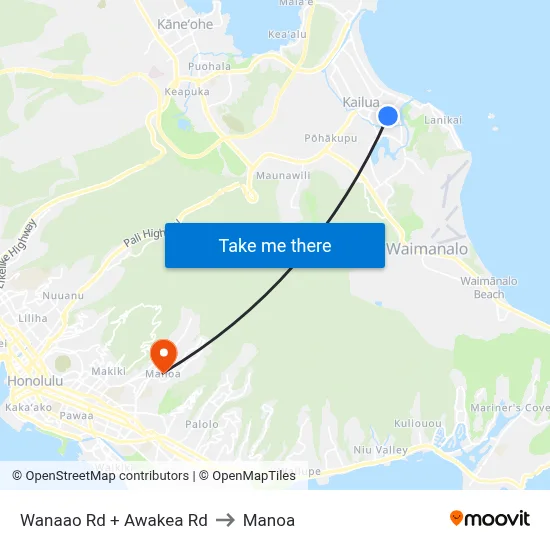 Wanaao Rd + Awakea Rd to Manoa map