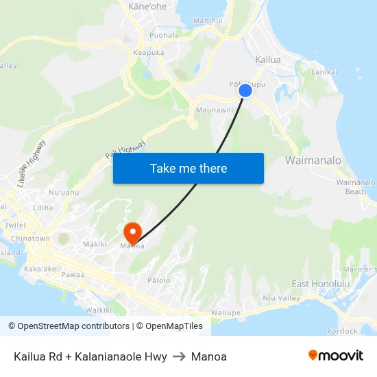 Kailua Rd + Kalanianaole Hwy to Manoa map