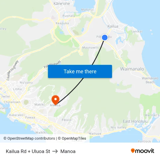 Kailua Rd + Uluoa St to Manoa map