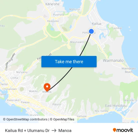 Kailua Rd + Ulumanu Dr to Manoa map