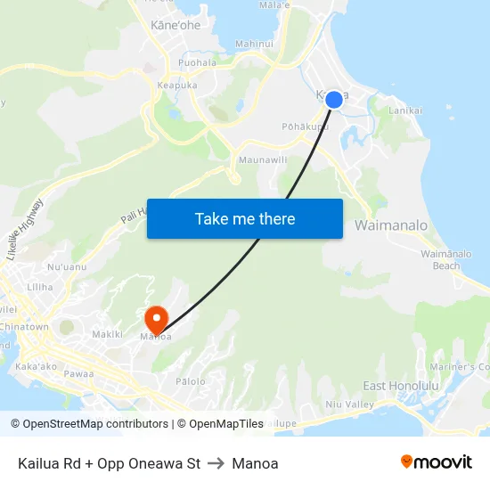 Kailua Rd + Opp Oneawa St to Manoa map