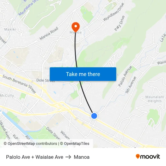 Palolo Ave + Waialae Ave to Manoa map