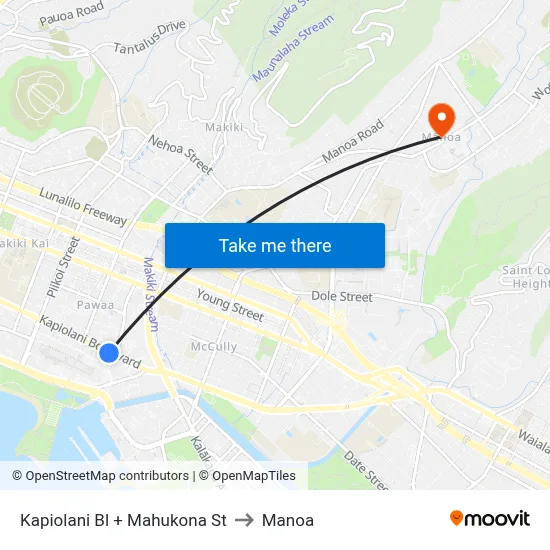Kapiolani Bl + Mahukona St to Manoa map