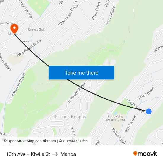 10th Ave + Kiwila St to Manoa map