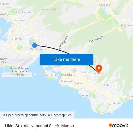 Likini St + Ala Napunani St to Manoa map