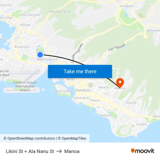 Likini St + Ala Nanu St to Manoa map